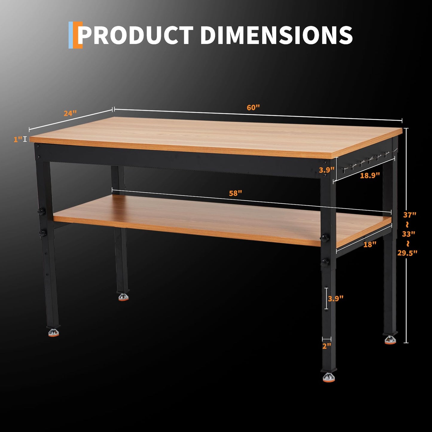 60" Adjustable Workbench with Power Outlet, Storage Shelf, 2500 LBS Work Bench 60" x 24"