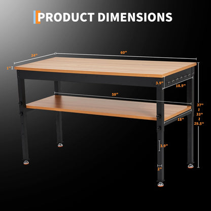 60" Adjustable Workbench with Power Outlet, Storage Shelf, 2500 LBS Work Bench 60" x 24"