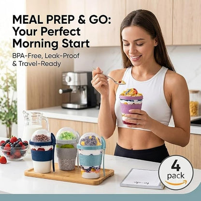 Salda 4 Pack 20 oz Breakfast On the Go Cups, Take and Go Yogurt Cup with Topping Cereal Cup with spoon, Overnight Oats or Oatmeal Container Jar, Colorful Set of 4