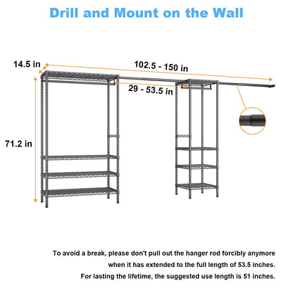 Ulif E11 Heavy-Duty Garment Rack, Metal Freestanding Clothes Rack and Closet Storage Organizer System with 8 Shelves and 4 Hanger Rods, (73.2-97.6)" W x 14.5" D x 71.2" H, Load 1034 LBS, Black