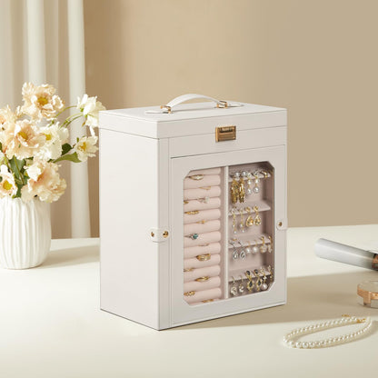HOOBRO Jewelry Box with Mirror, Travel Jewelry Organizer with Glass Window and 360° Rotating Jewelry Box, Wooden Jewelry Organizer Bundle, WT03JB04G2-BH30JB04