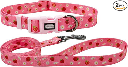 Dog Collar Leash Set, Floral Pattern, Polyester Material, Adjustable Collar and 5ft Matchcing Leash, for Medium Dogs.(M,Daisy and Strawberry)