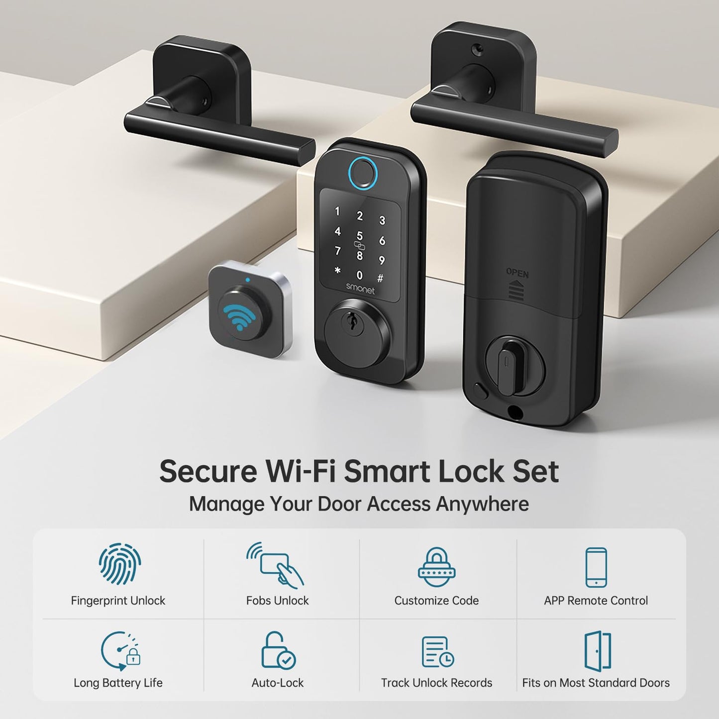 Keyless Door Lock with Handle Set - SMONET WiFi Fingerprint Smart Locks for Front Door, App Remote Control, Digital Bluetooth Keypad Deadbolt Set with Alexa, Auto Lock, Code, Fobs for Home Black