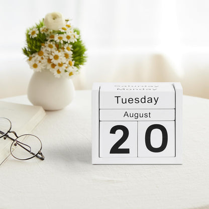 DEERINE Wooden Block Calendar for Desk, Daily Desktop Perpetual Desk Calendar, Cute Date Display Blocks Desk Accessory for Home Office Decor, Teacher, Classroom, Reusable Yearly, White