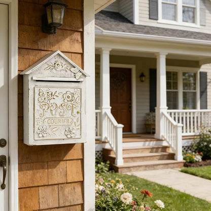 Vintage White Wall Mount Mailbox for Outside, Metal Post Box Decorative Antique Style Mail Drop Box for House Decor(White)