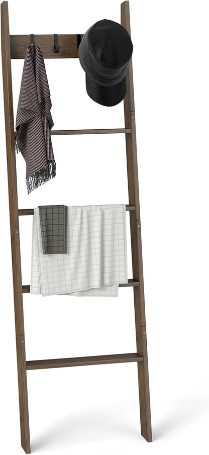 Giantex Bamboo Blanket Ladder, 5-Tier Ladder Shelf w/ 4 Removable Hooks, Decorative Wall Leaning Ladder, Blanket Holder w/Anti-Tip Straps, Farmhouse Towel Display Rack for Living Room, Bedroom