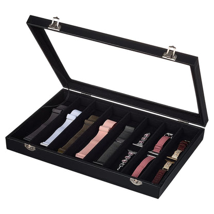 PH PandaHall 8 Slot Necklace Display Boxes, PU Leather Necklace Holder Organizer with Clear Window Watch Display Tray for Retail Store Jewelry Storage Stackable Necklace Display, Black
