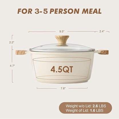 SENSARTE Ceramic Nonstick Stock Pot with Lid, 4.5 Quart Induction Cooking Pot with Tempered Glass Lid, Stew Pot for Soup and Oatmeal, Pasta Casserole, PFOA PFAS PTFE Free, Creamy White