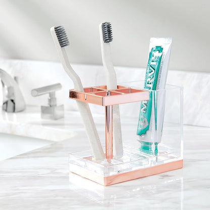 mDesign Plastic Toothbrush and Toothpaste Storage Organizer Holder - Home Decor for Bathroom Countertop - Holds Toiletries and Beauty Accessories - Lumiere Collection - Clear/Rose Gold
