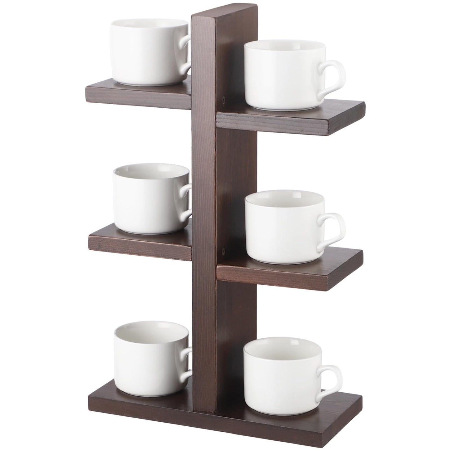 OMISTAR 3 Tiered Wooden Coffee Cup Holder, Kitchen Counter 6 Mug Wood Coffee Mug Organizer Stand with Non-Slip Foam Pads, Vertical Cup Storage Rack for Coffee Bar Countertop
