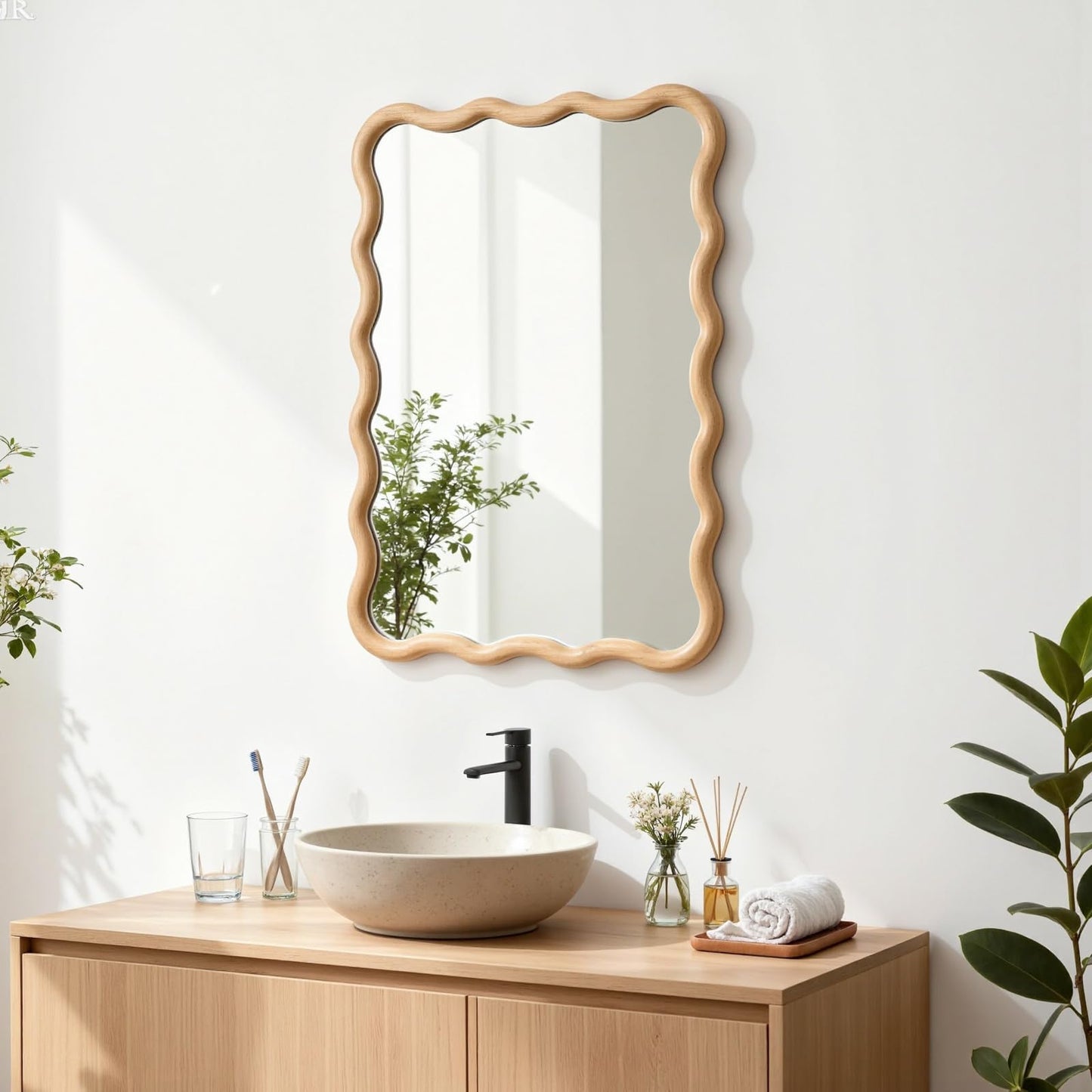 H HOMEWINS Natural Rectangular Mirror for Wall 20x28 Inch Wooden Wavy Bathroom Farmhouse Country Vanity Large Irregular Mirror for Nursery Entryway Living Room