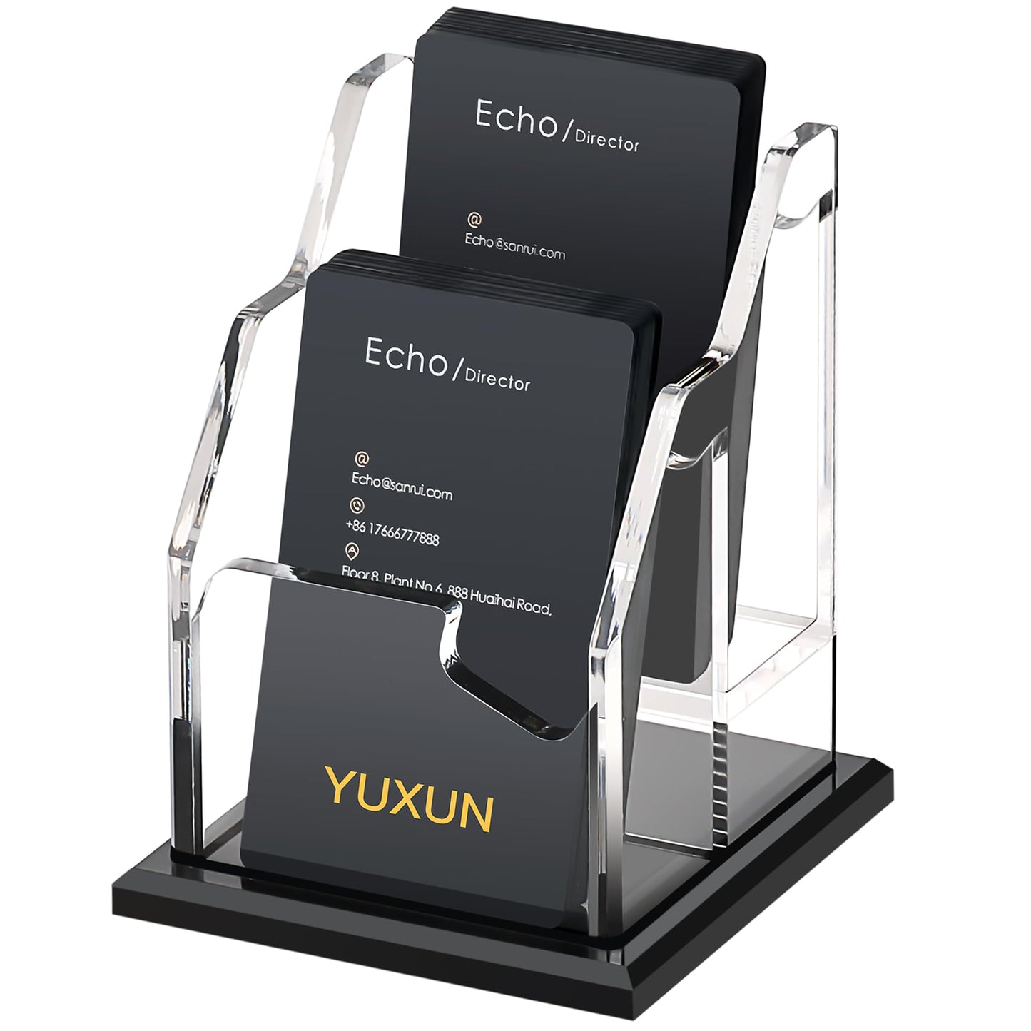 YUXUN Black Business Card Holder for Desk-2 Tiers 2 Slots, Vertical Acrylic Business Cards Holder for Women Men, 100+ Business Cards, Multiple Business Card Display Stand for Exhibition, Home, Office