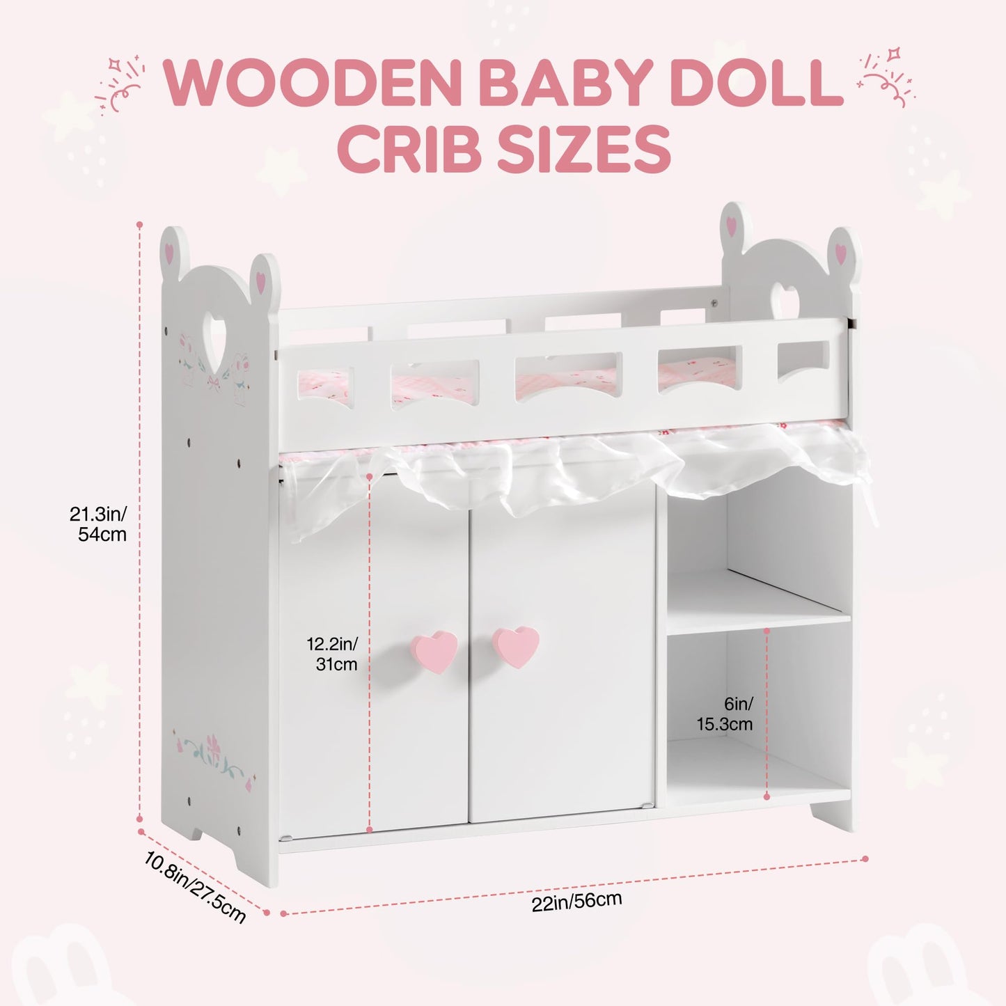 ROBOTIME Baby Doll Crib – Wooden Baby Doll Changing Table with Storage – Bedding & Hooks, Fits 18-21" Dolls, Doll Bed Playset for Girls Ages 3+