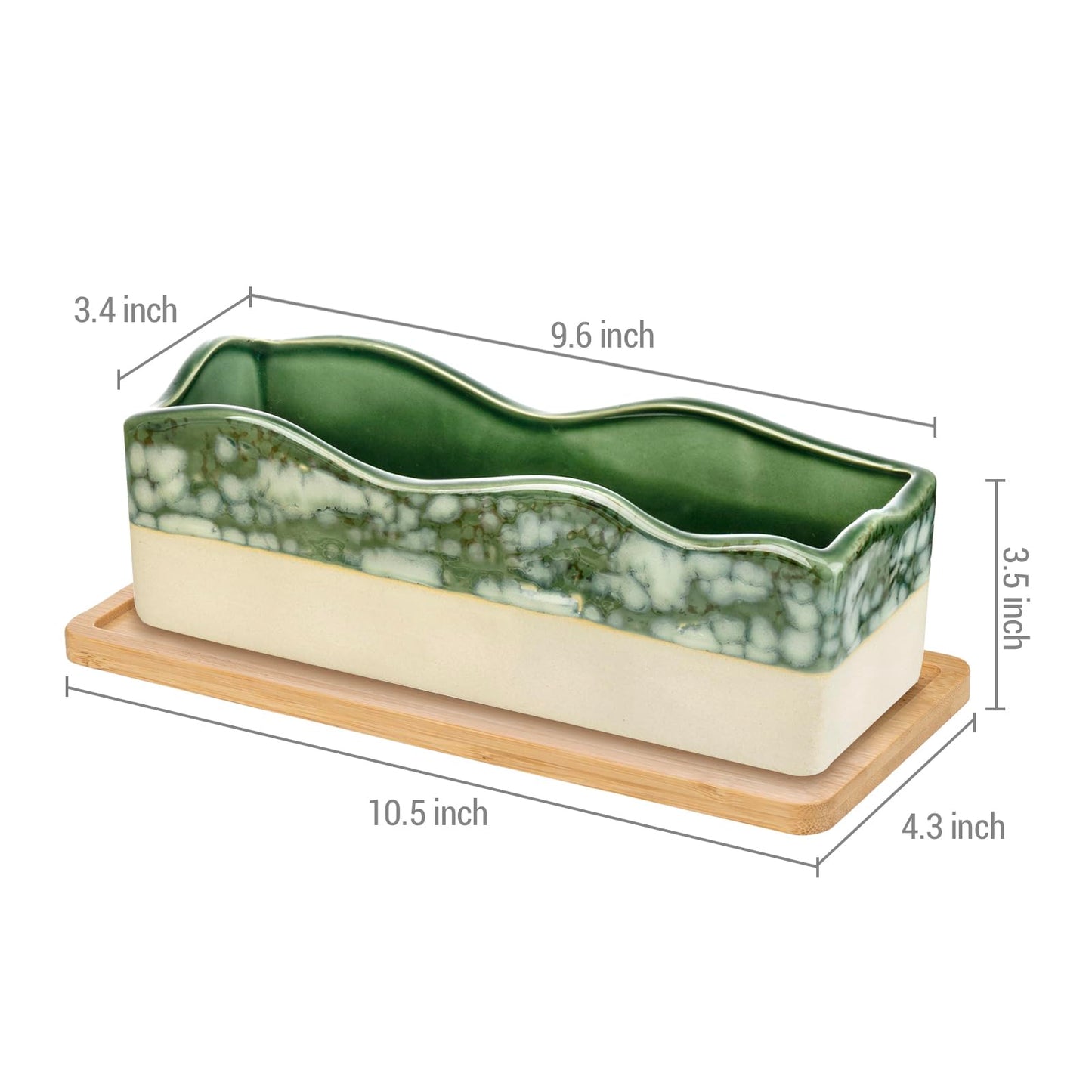 MyGift Rectangular Succulent Planter - Decorative Beige and Green Ceramic Glazed Plant Container Pot with Removable Bamboo Tray
