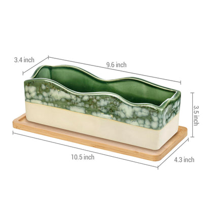 MyGift Rectangular Succulent Planter - Decorative Beige and Green Ceramic Glazed Plant Container Pot with Removable Bamboo Tray