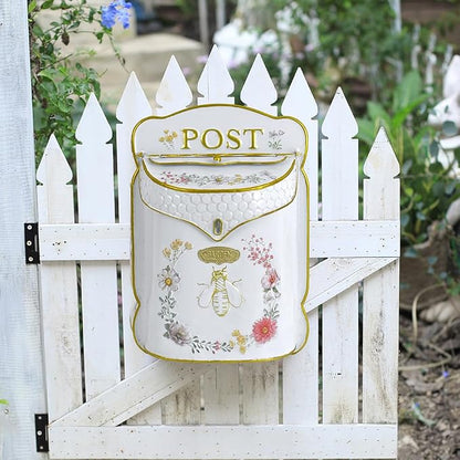Wall Mount Mailbox for Outside Vintage Mail Boxes for House Outside Metal Door Mailbox Drop Box Antique Style Nostalgic Charm Home Decorative, Bee Pattern, White