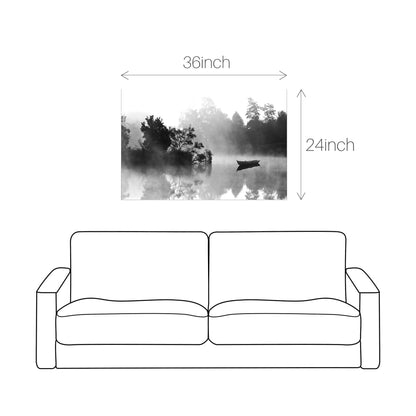 Nature Lake Wall Art Canvas: Foggy Forest Landscape Picture Water Scenery Print Black Boat Artwork Decor Calming Painting for Living Room Bedroom Home Office