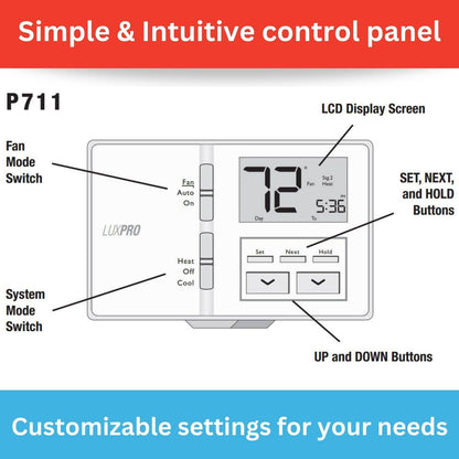 Lux Pro All in One Non Programmable/Programmable Thermostat; 7 and 5/2 Day Settings for Digital Energy Saving; Multi Stage Heating, AC Systems; Easy DIY, P711-Horizontal, 1 Unit, Batteries Included