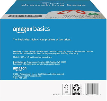 Amazon Basics 13 Gallon Tall Kitchen Drawstring Trash Bags, 10% Post Consumer