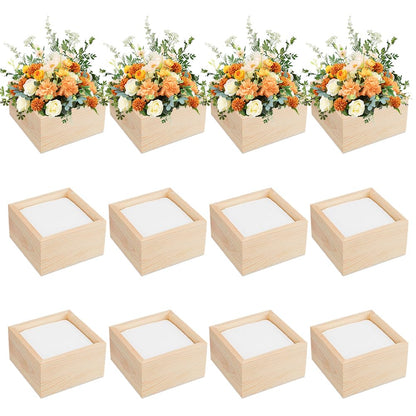 AHANDMAKER 12 Pack Unfinished Wooden Boxes Rustic Natural Wooden Crates with Foam Inserts for Floral Arrangement Home Decor Wedding Centerpieces Christmas Party Craft 4x4x2.3 Inch