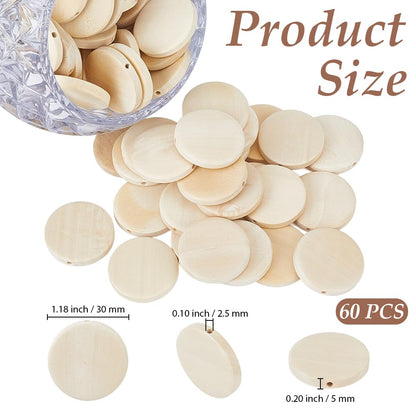 PONABEADIY 30MM 60PCS Unfinished Wooden Beads with Hole Natural Flat Wood Coin Flat Round Circle Macrame Slices Loose Spacer Bead Bulk for Jewelry Making Tassel Garland Home Decor DIY Crafts Supply