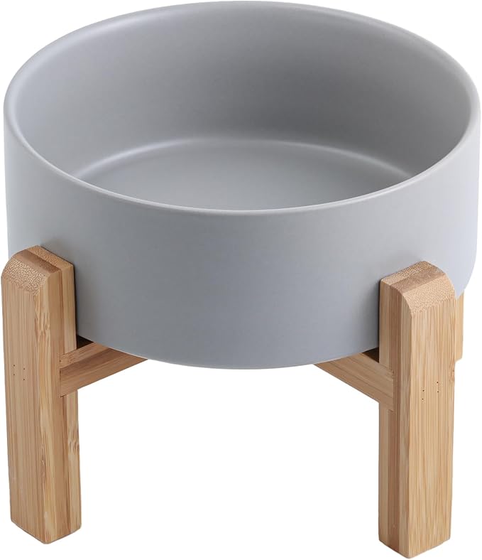 Grey Raised/Elevated Ceramic Dog Bowl for Small Medium Sized Breeds,Dog Food Water Bowl with Stand,6 in Non Slip Heavy Pet Feeding Dish 3.6 Cups/ 850 ml /28 OZ