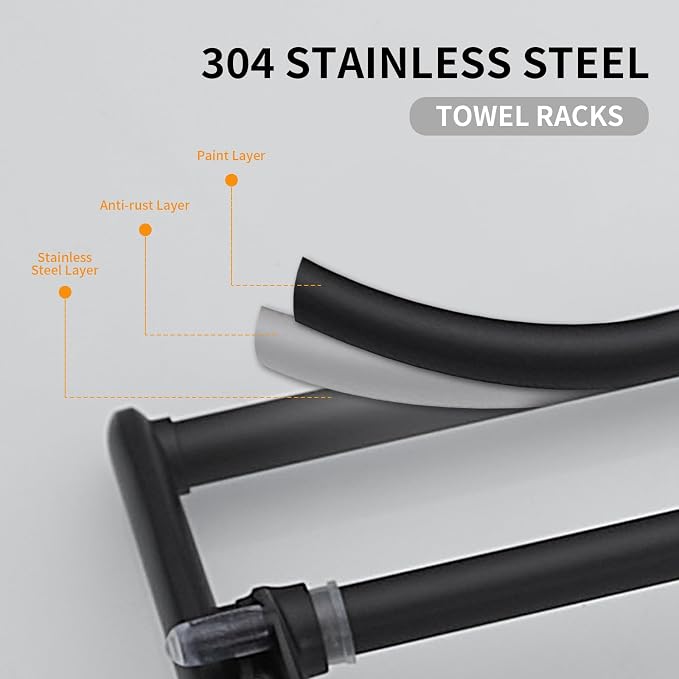 BESy 24 Inch Matte Black Towel Racks, Bathroom Towel Shelf with Foldable Towel Bar Holder and Towel Hooks, Wall Mounted Multifunctional Bathroom Accessories, Double Towel Bars