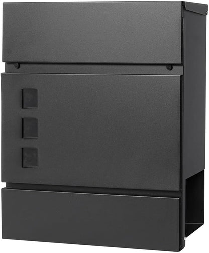 Decaller Large Capacity Mailbox with Key Lock, Wall Mount Metal Mail Box with Newspaper Compartment for Outside, 14.4" x 13" x 4.2", 939 Black