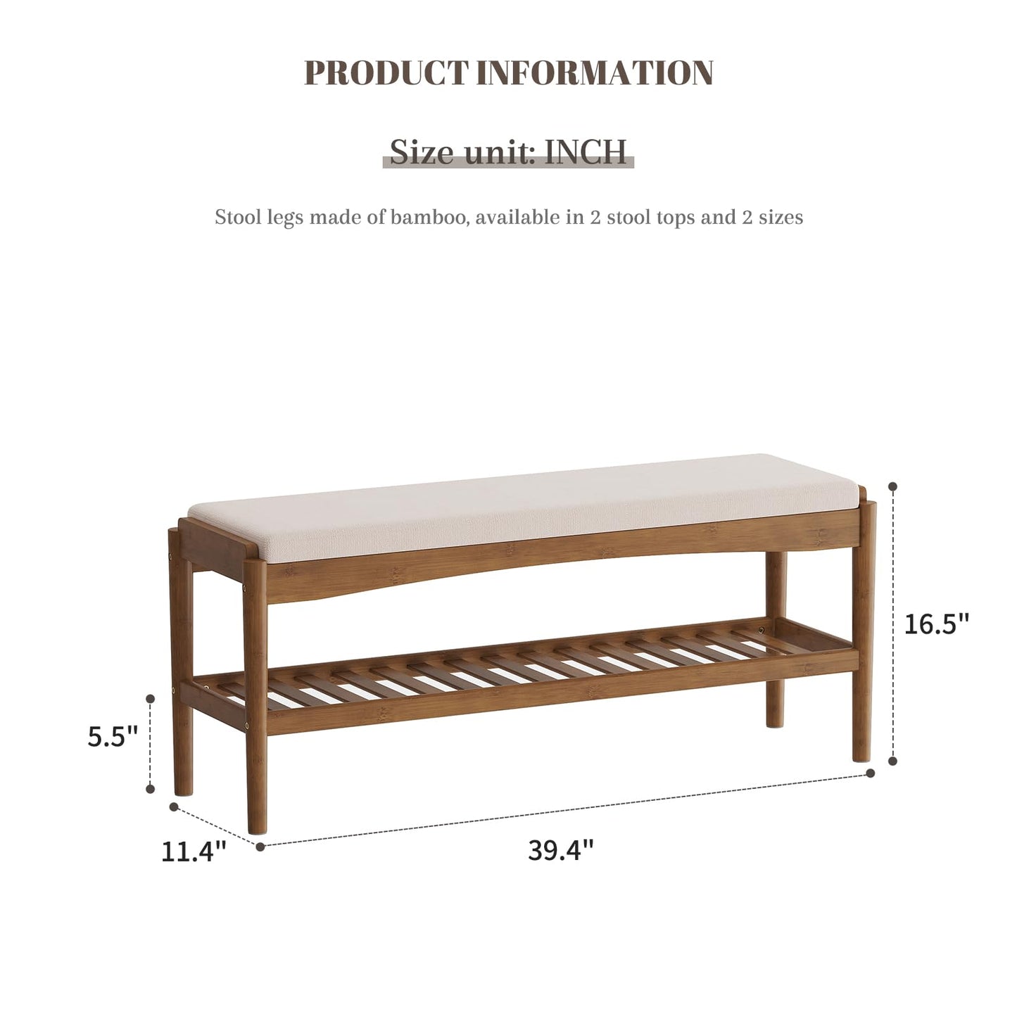 STDDRE Shoe Bench Entryway Bamboo 2-Tier Shoe Rack with Cushion Padded Seat Shoe Bench Organizer Stable for Entry, Hallway, Living Room, Bedroom, Closet (39.4 * 11.4 * 16.5IN, Brown-Beige)