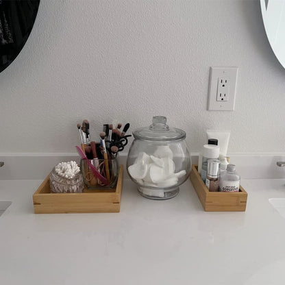 3 Pcs Bamboo Bathroom Tray, Flat Wood Basket Tray, Wooden Shallow Storage Basket, Bamboo Organizer for Bathroom, Living Room, Kitchen Countertop