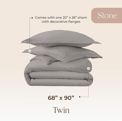 100% Organic Cotton Duvet Cover Twin Size - Naturally Soft Lightweight & Cooling Duvet Cover Set with Decorative Shams - Premium GOTS Certified 300 Thread Count Sateen Weave (Stone, Twin)
