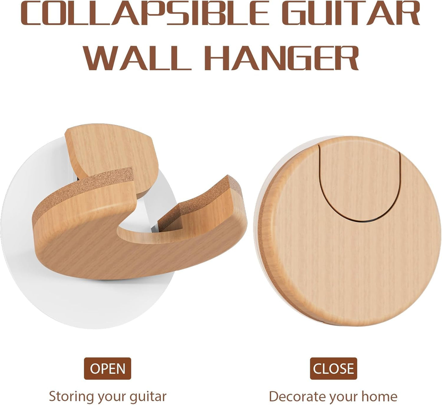BURNING&LIN Guitar Wall Mount Collapsible Hanger with Solid Wood, Cork Original Design Space Saving Mount Holder Hook Stand Wall for Acoustic, Banjo, Bass, Ukulele for Guitar Player