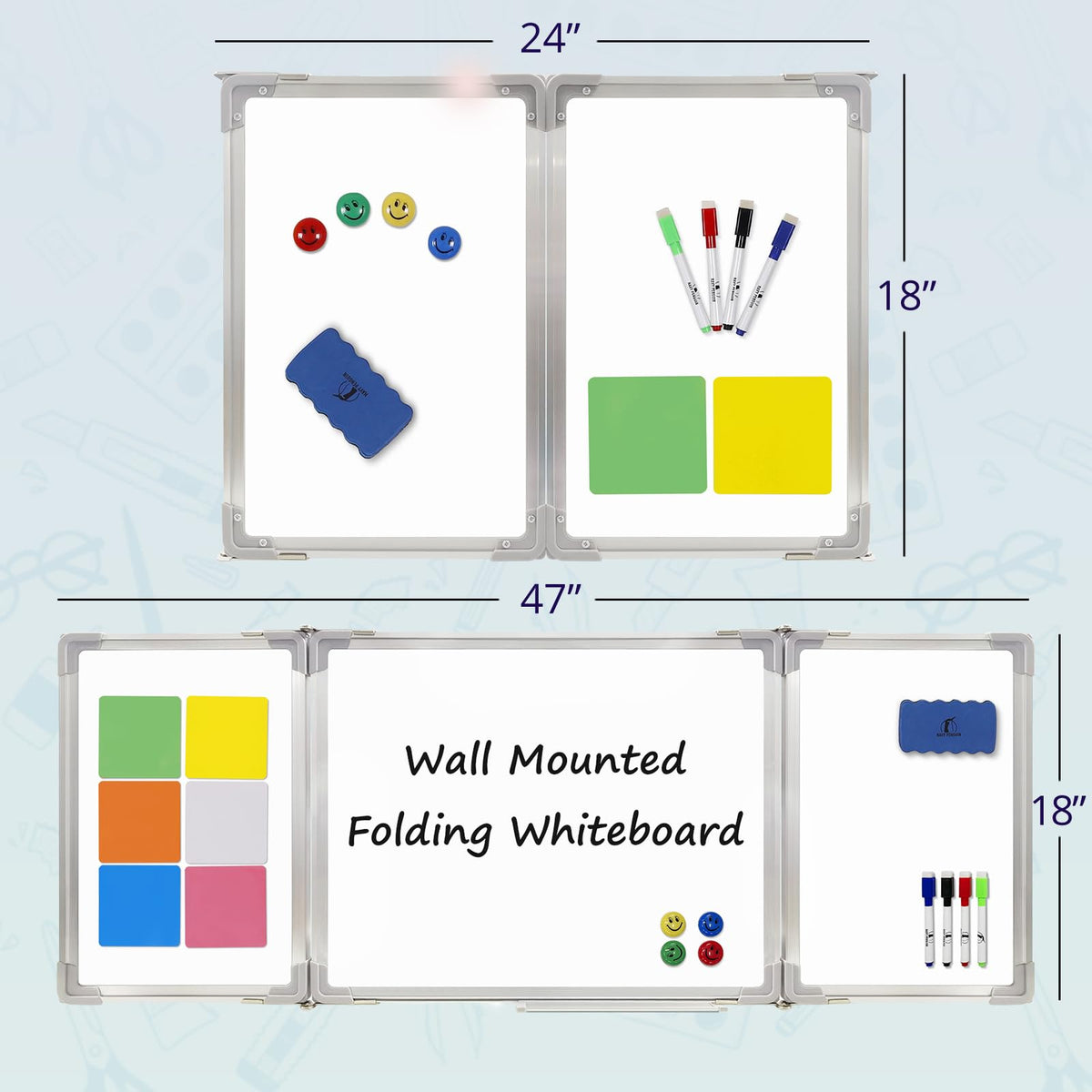 Whiteboard Set - Dry Erase Board 47 x 18 in with 1 Dry Wipe Eraser, 4 Markers, 4 Magnets and 6 Magnetic Notes - Large Wall White Board for Home and Office