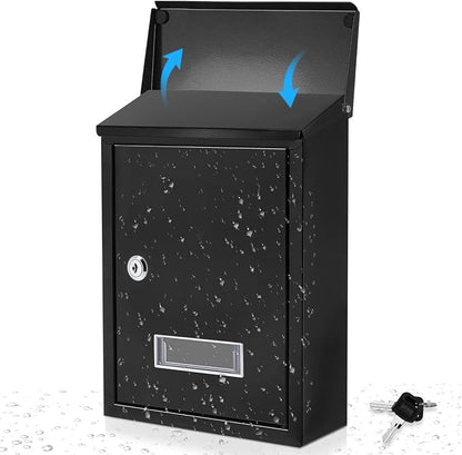 Amylove Weatherproof Mail Boxes with Key Lock, Security Locking Wall Mount Metal Mailbox with Slot for Outside, Large Capacity for Mail, Packages, Donations, Voting 11. 8"h x 8. 3"l x 2. 8"w, Black