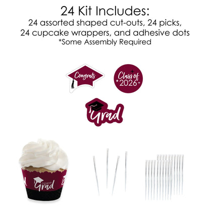 Big Dot of Happiness 2026 Maroon Graduation Cupcake Decoration - Party Cupcake Wrappers and Treat Picks Kit - Set of 24