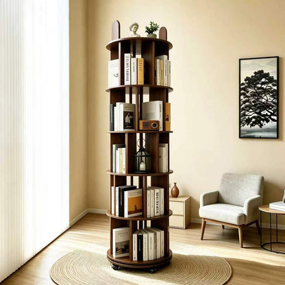Kryonix Rotating Bookshelf, Solid Wood 5 Tier Spinning Book Shelf Tower, 360° Revolving Bookcase on Wheels, Corner Round Rolling Bookshelves for Small Spaces, Bedroom, Office, Kids Room (Walnut)