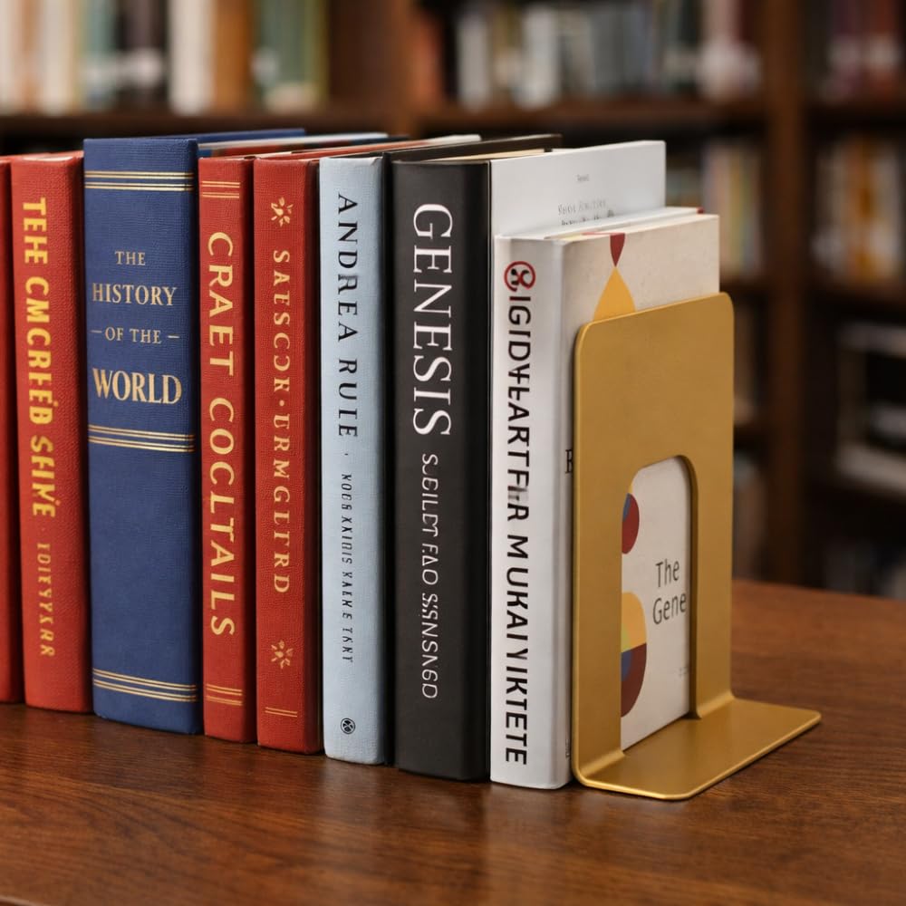 Alessk Dark Matte Gold Bookends for Shelves, Heavy Duty Metal Bookends Supports Heavy Books, Decorative Gold Stops for Home or Office Decoration - 3 Pairs (6 Pieces).