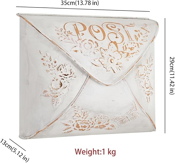 Wall Mount Mailbox for House Outside,5" D x 13.8" W x 11.4" H,Vintage Metal Door Mailbox Antique Style Nostalgic Charm Home Decor Garden Vintage English Cottage Decor(White)