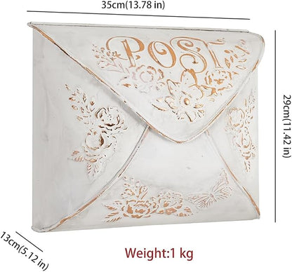Wall Mount Mailbox for House Outside,5" D x 13.8" W x 11.4" H,Vintage Metal Door Mailbox Antique Style Nostalgic Charm Home Decor Garden Vintage English Cottage Decor(White)