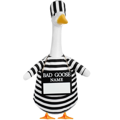 Shyyween Halloween Prisoner Porch Goose Outfit Plastic Lawn Porch Goose Statue Prisoner Clothes with Bad Name Wooden Sign for Outdoor Patio Yard Art Decoration Cosplay