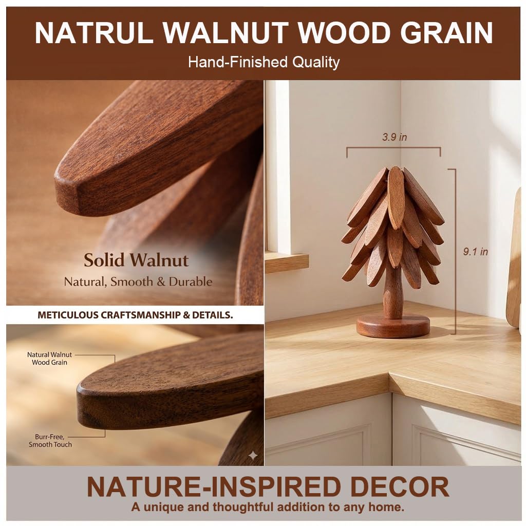Wooden Trivets for Hot Dishes, Foldable Tree Trivet Set with Stand, 4-Layer Walnut Wood Trivet for Pots, Pans, Coffee & Teapot, Space Saving Table Protector for RV, Decorative Kitchen Decor & Gift