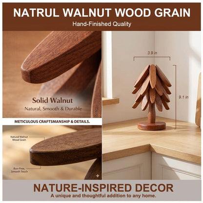 Wooden Trivets for Hot Dishes, Foldable Tree Trivet Set with Stand, 4-Layer Walnut Wood Trivet for Pots, Pans, Coffee & Teapot, Space Saving Table Protector for RV, Decorative Kitchen Decor & Gift