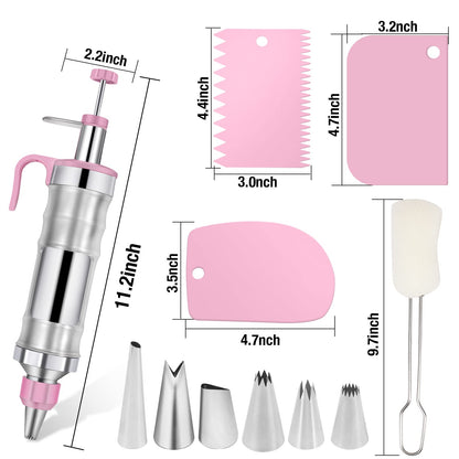 Dualshine Pink Cake Decorating Kit - 6 Russian Piping Icing Nozzles, 3 Cream Scrapers, Stainless Steel Cupcake Frosting Filling Injector