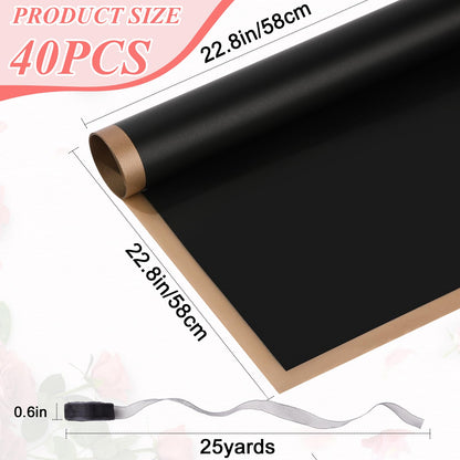 RowinsyDD 40 Sheets Black Flower Wrapping Paper, Waterproof Packaging Paper for Floral Bouquets, 22.8 x 22.8 inch Gift Packing Florist Supplies