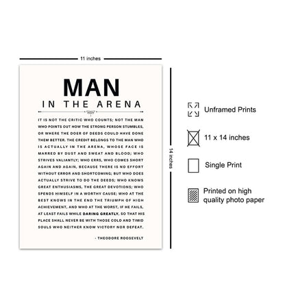 LARGE 11X14 - Man in the Arena - Inspirational Quotes - Teddy Roosevelt Poster - Motivational Gifts for Men, Boys, Teens, Entrepreneur - Office, Living Room, Bedroom Wall Art Decor - Daring Greatly
