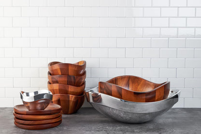 Nambé Billow Salad Bowl with Servers – 12" x 6.5" Acacia Wood & Alloy Entertaining Set – Organic Modern Salad Bowl, Decorative Tableware & Dining Centerpiece for Home & Entertaining