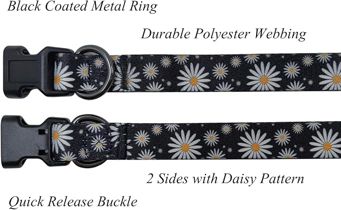 Dog Collar Leash Set, Floral Pattern, Polyester Material, Adjustable Collar and 5ft Matching Leash, for Medium Dogs.(M, Black Daisy)