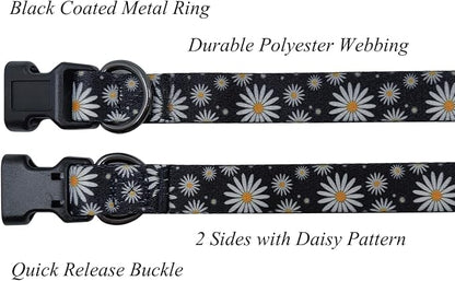Dog Collar Leash Set, Floral Pattern, Polyester Material, Adjustable Collar and 5ft Matching Leash, for Medium Dogs.(M, Black Daisy)