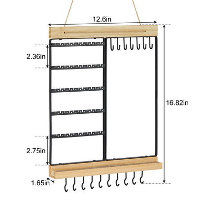 Feyejade Hanging Jewelry Organizer, 5-Tier Wall Earring Holder with Wooden Ring Groove, Jewelry Rack Wall Mounted for Earrings, Necklaces, Bracelets and Rings, Jewelry Holder Stand, Black