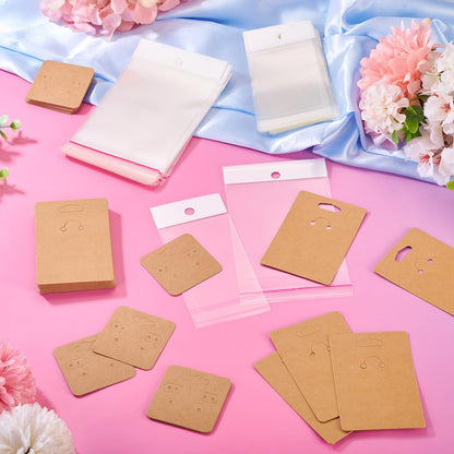 Handship 100Pcs Jewelry Display Cards with 100Pcs Clear Plastic Bags Square Paper Earring Necklace Card Holder Rectangle Keychain Display Cards for Selling Jewelry Packaging Supplies, BurlyWood